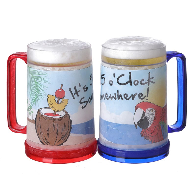 Easicozi It's 5 O'Clock Somewhere Party Parrot Double Wall Gel Frosty Freezer Ice Mugs Clear 16oz Set of 2 - Image 4